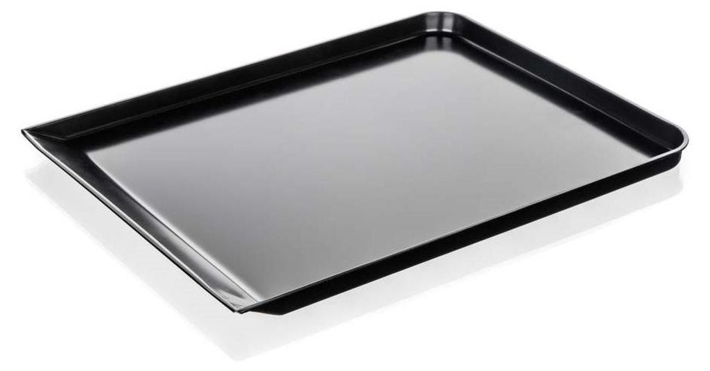 A black baking tray is shown from a slightly elevated angle against a white background.