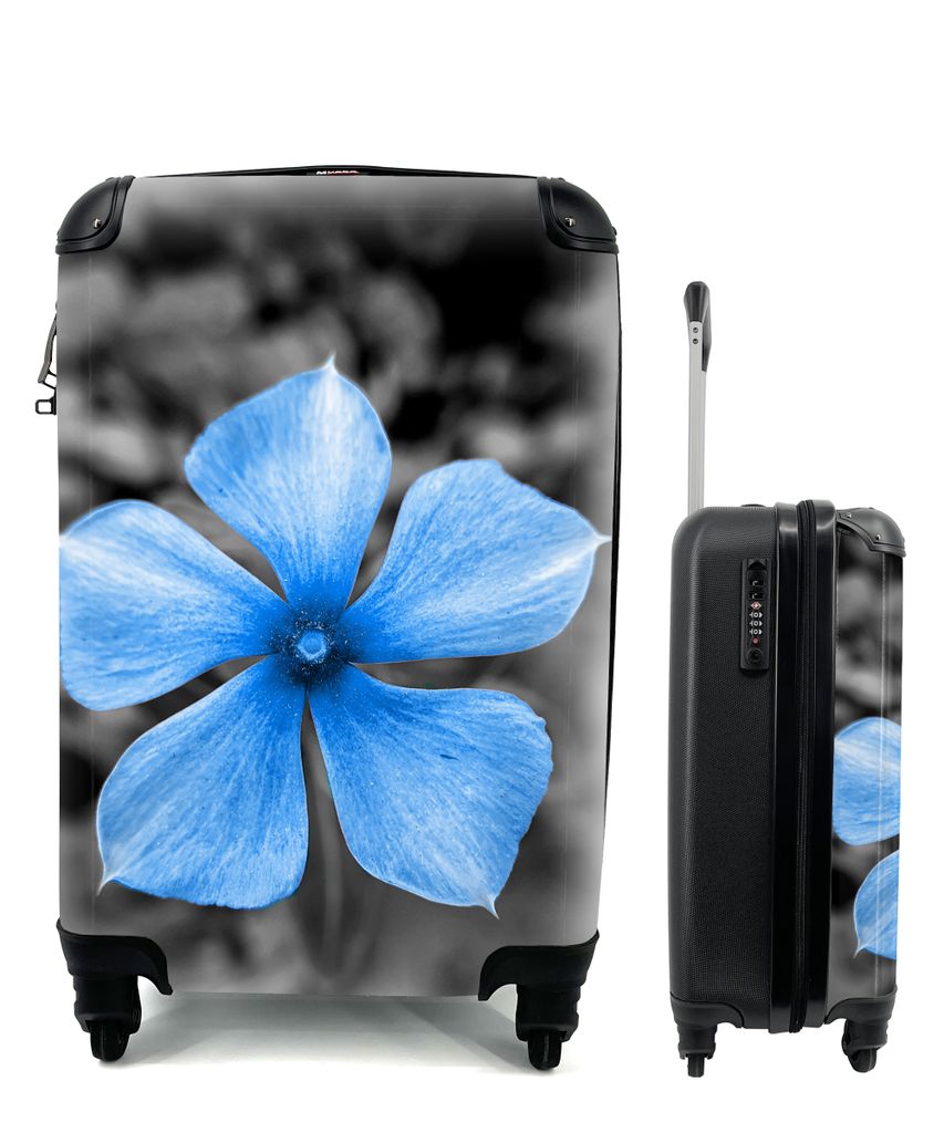MuchoWow Koffer Handgepäck Trolley Rollkoffer Kleine Reisekoffer mit 4 Rollen - Blumen - Blau - Schwarz - Weiß - Cabin Size < 55x40x23 cm & 55x...