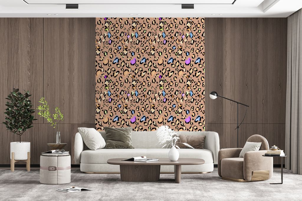 MuchoWow Fototapete für Wohnzimmer oder Schlafzimmer Wandtapete Vinyl Motivtapete Pantherdruck - Regenbogen - Muster - 195x260 cm - Wandbild