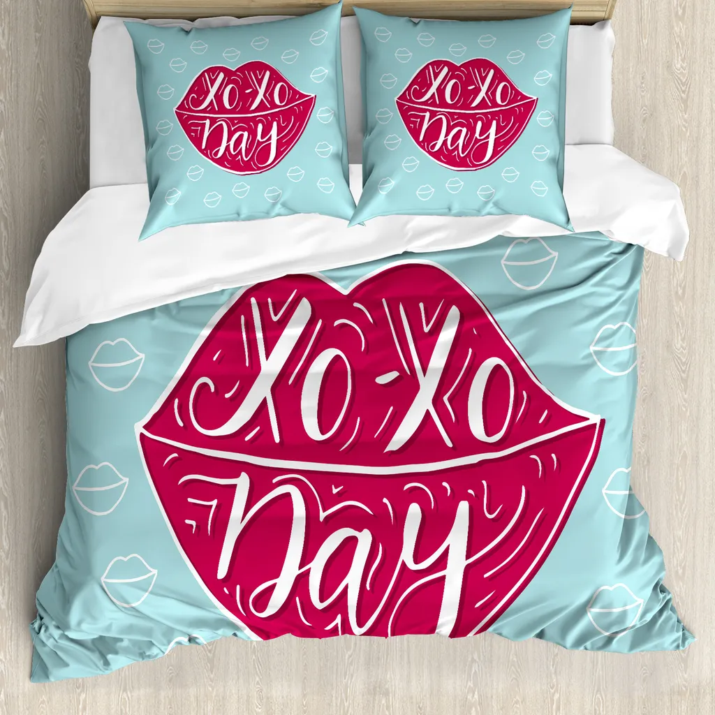 Housse de couette ABAKUHAUS Xo Kisses 155x220cm anti-acarien corail