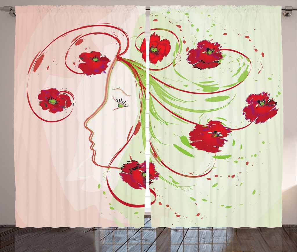 ABAKUHAUS Blume Rustikaler Vorhang, Aquarell Mohn, Wohnzimmer Universalband Gardinen mit Schlaufen und Haken, 280 x 225 cm, Grün Rot
