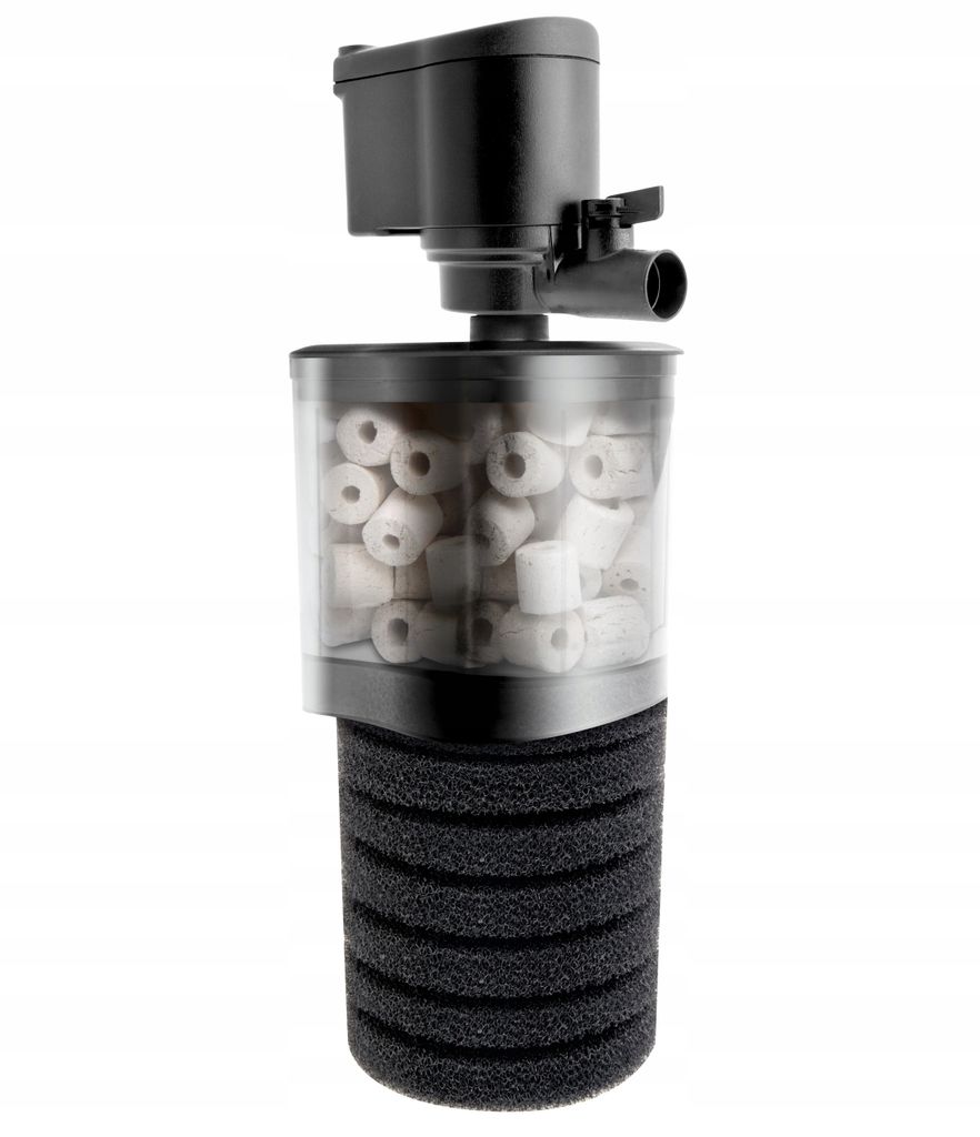A black and clear aquarium filter with white ceramic rings inside, set against a white background.