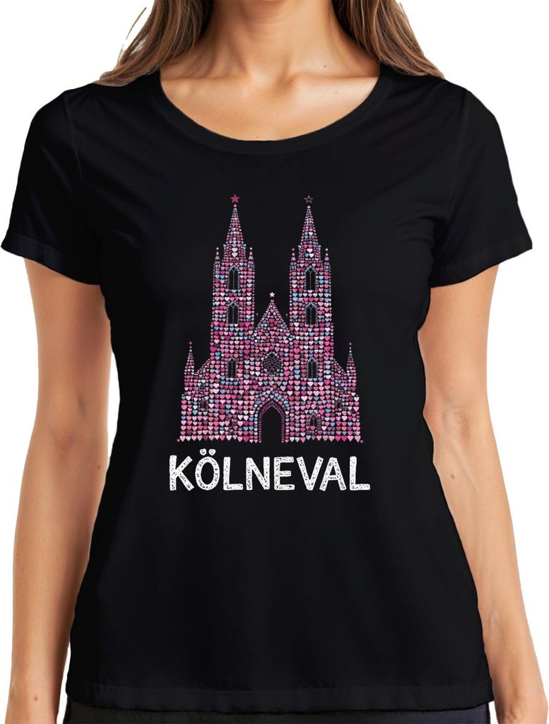 KÖLNEVAL Kölner Dom Herzen Karneval Köln jeck rosa Geschenk Damen T-Shirt, Schwarz, XXL