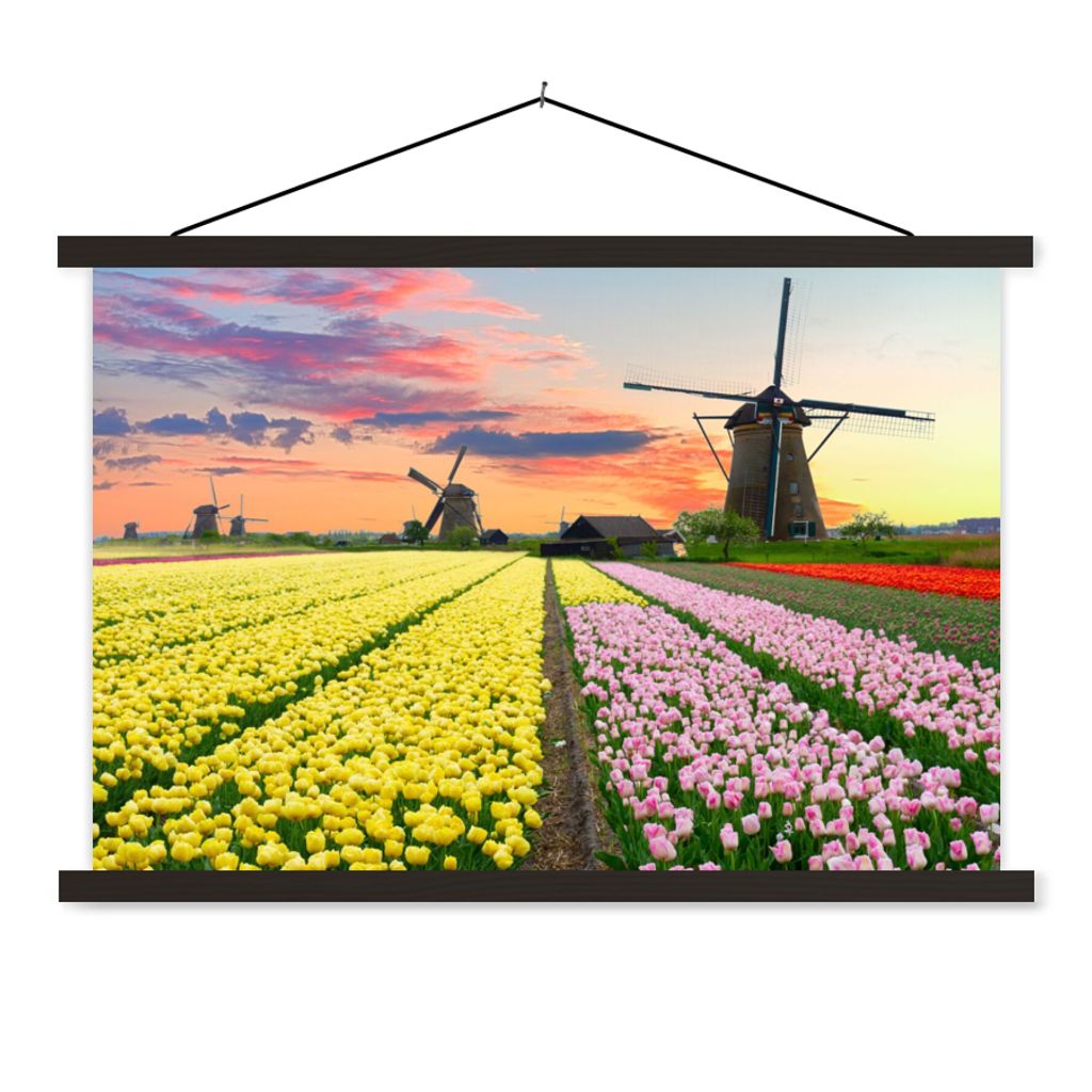 MuchoWow Textilposter Windmühle - Tulpen - Blumen - Niederlande 60x40 cm mit schwarzem Rahmen - Hölzernes