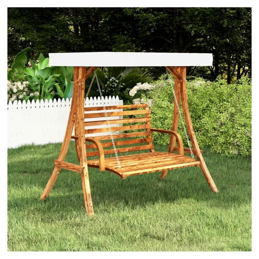 Schaukelgestell mit cremefarbenem Dach aus massivem, gebogenem Holz mit Teakholz-Finish