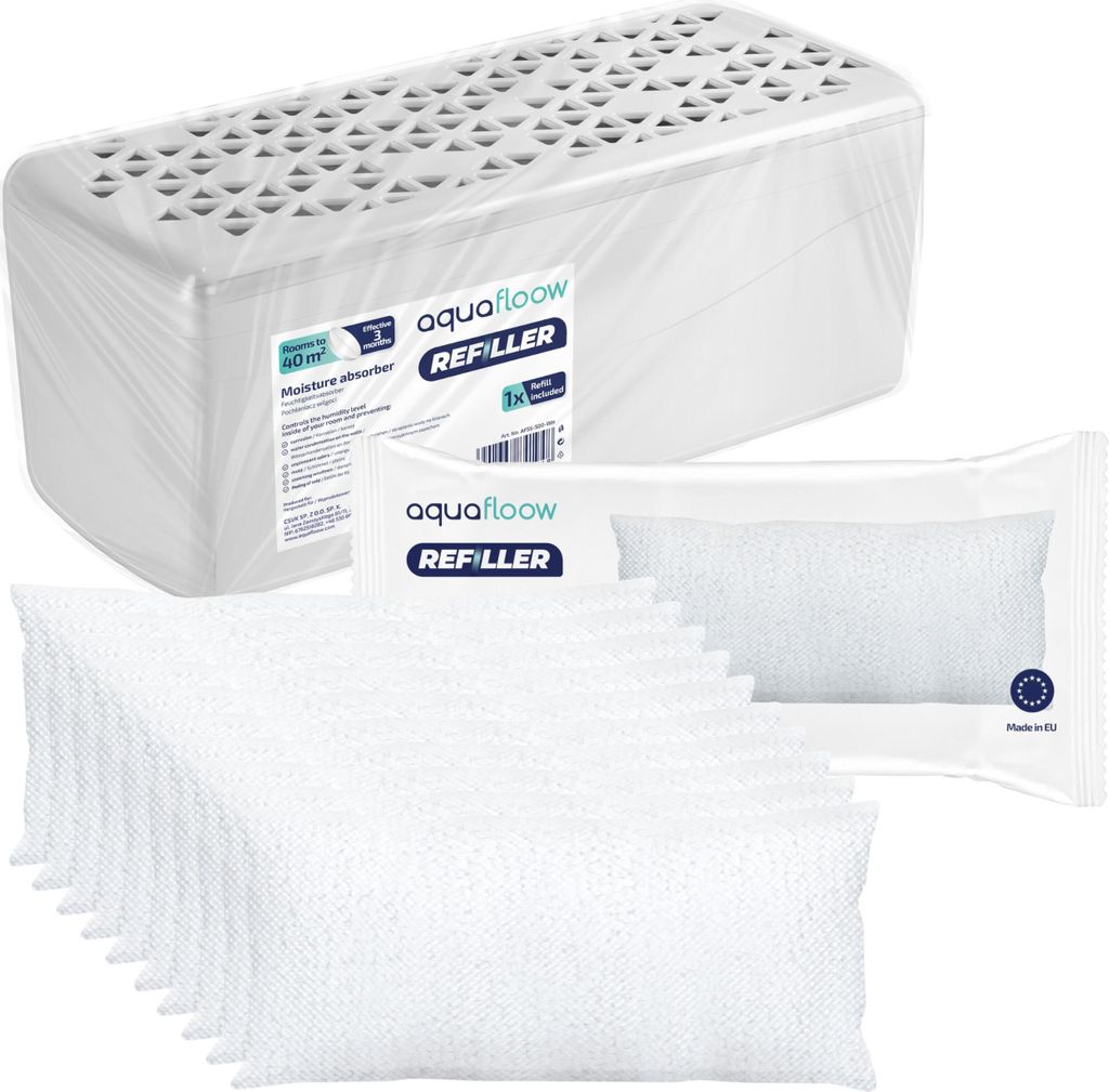 AquaFloow Nachfüllpackung Feuchtigkeitsabsorber 500g + 9× AquaFloow Feuchtigkeitsabsorber-Patrone 500g