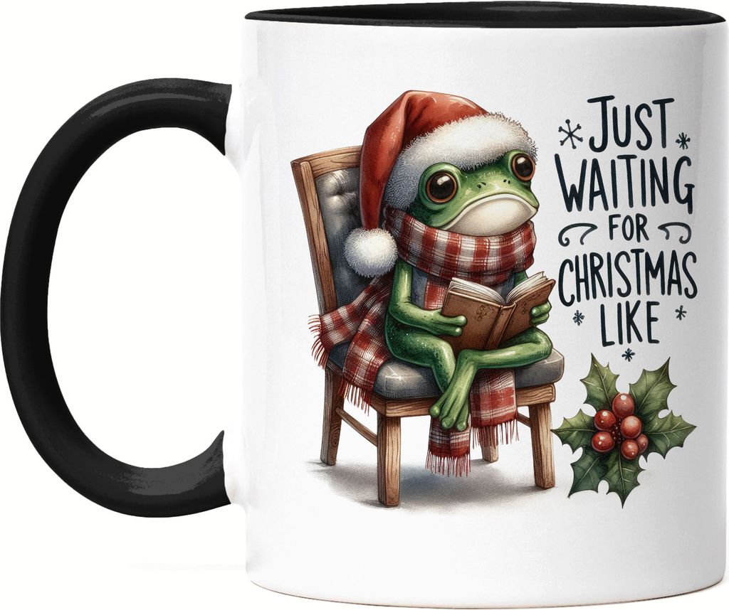 Just Waiting for Christmas Like Lustiges Froschmotiv Tasse Schwarz Geschenkidee witziges Design Weihnachten
