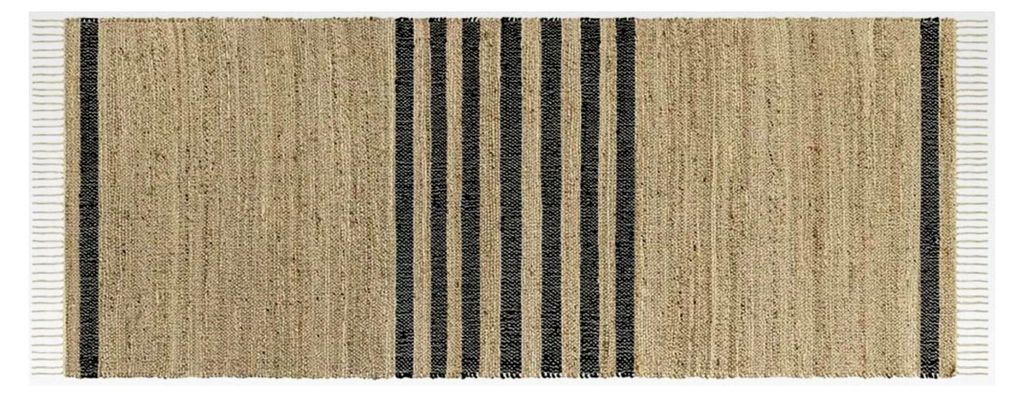 Läufer Orgeval, handgewebt, dekorative Fransen, Streifendesign, natürlicher Look, 70x180 cm, Wohntextilien, Wohn-Accessoire, Jute, beige/schwarz