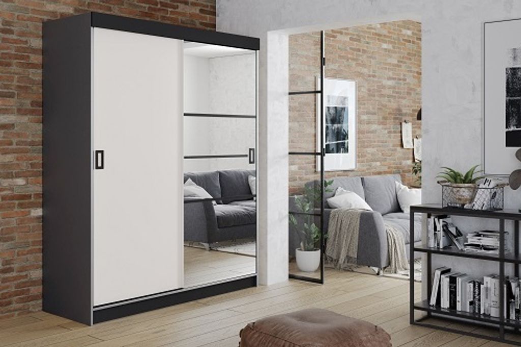 FurMeb24 Schiebetrenschrank RETRO 6-138x200cm Kleiderschrank mit Spiegel, 2-triger Schiebeschrank (Graphit Antrazit / Weiss + Spiegel und schwarze ...
