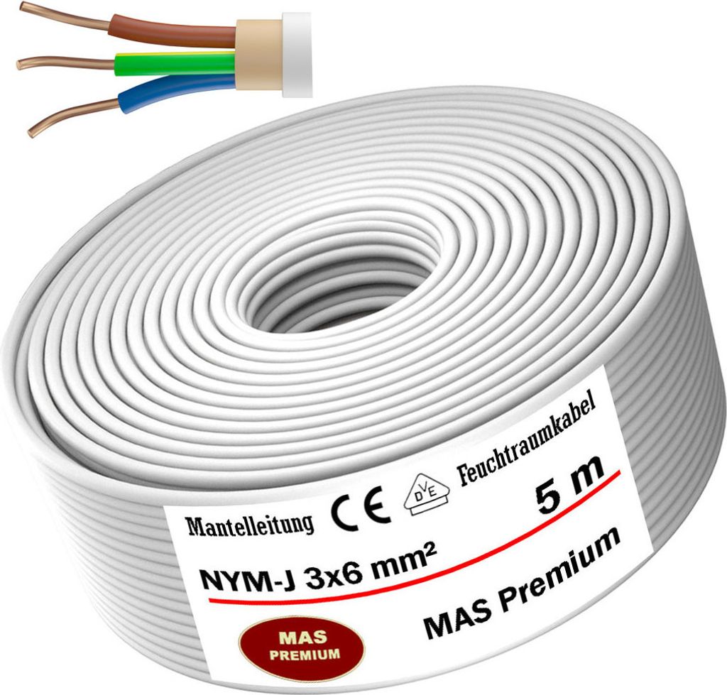 Feuchtraumkabel Stromkabel Mantelleitung 5 m NYM-J 3x6 mm² Elektrokabel