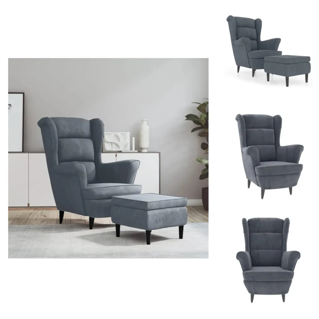Fauteuil oreilles gris velours avec pouf : fini le mal de dos !