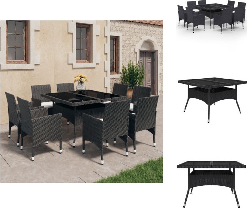vidaXL 9-tlg. Garten-Essgruppe Poly Rattan und Glas Schwarz - Gartenmöbel-Sets
