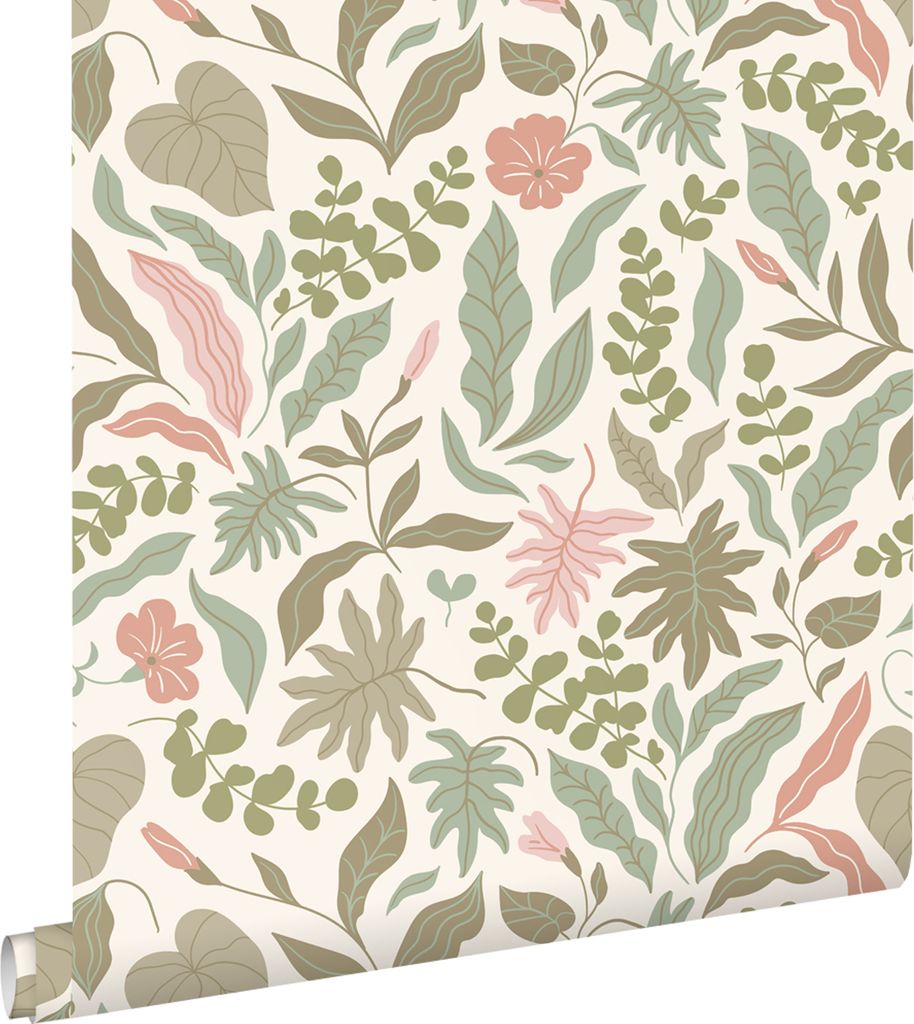 ESTAhome Tapete Blätter und Blumen Graugrün und Rosa 50 x 900 cm