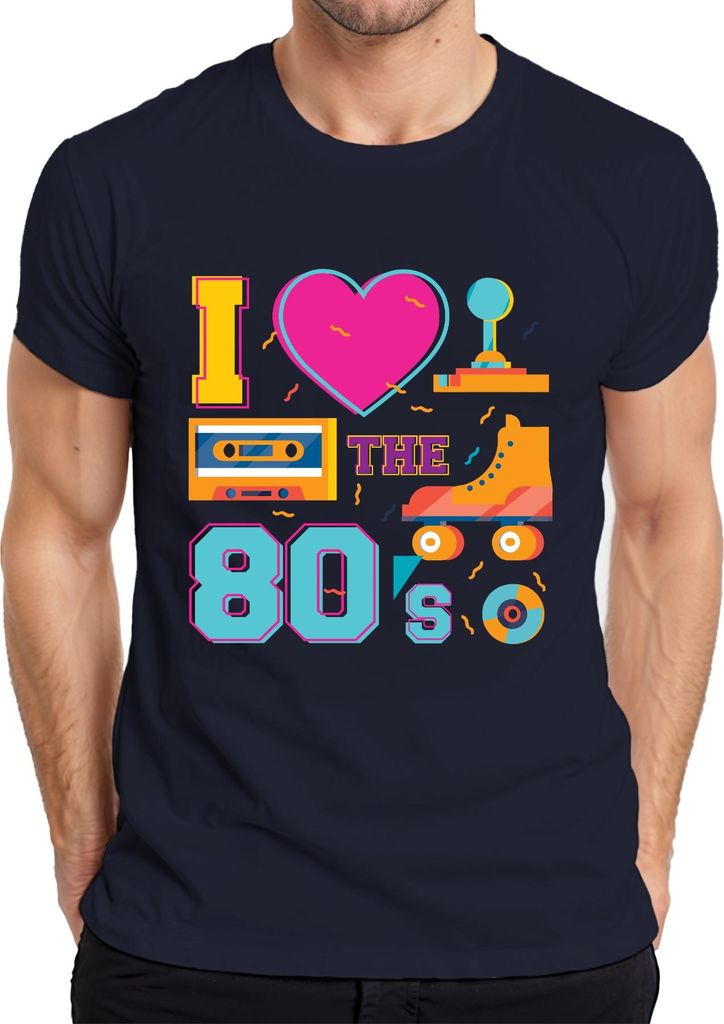 I THE 80's Retro 80er Nostalgie Rollschuhe Kassette Disco Party Herren T-Shirt, Navy, M