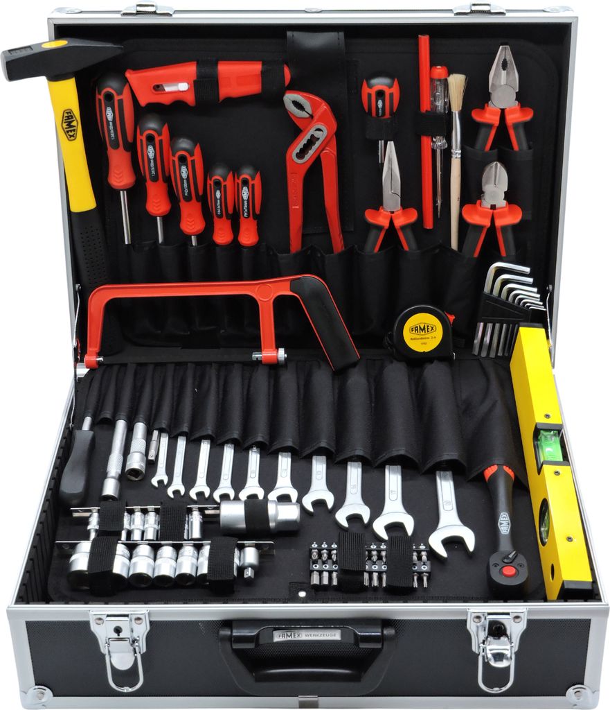FAMEX 759-62 Alu Werkzeugkoffer gefüllt mit Werkzeug Set, Werkzeugkiste, Werkzeugkasten, Werkzeug-Set