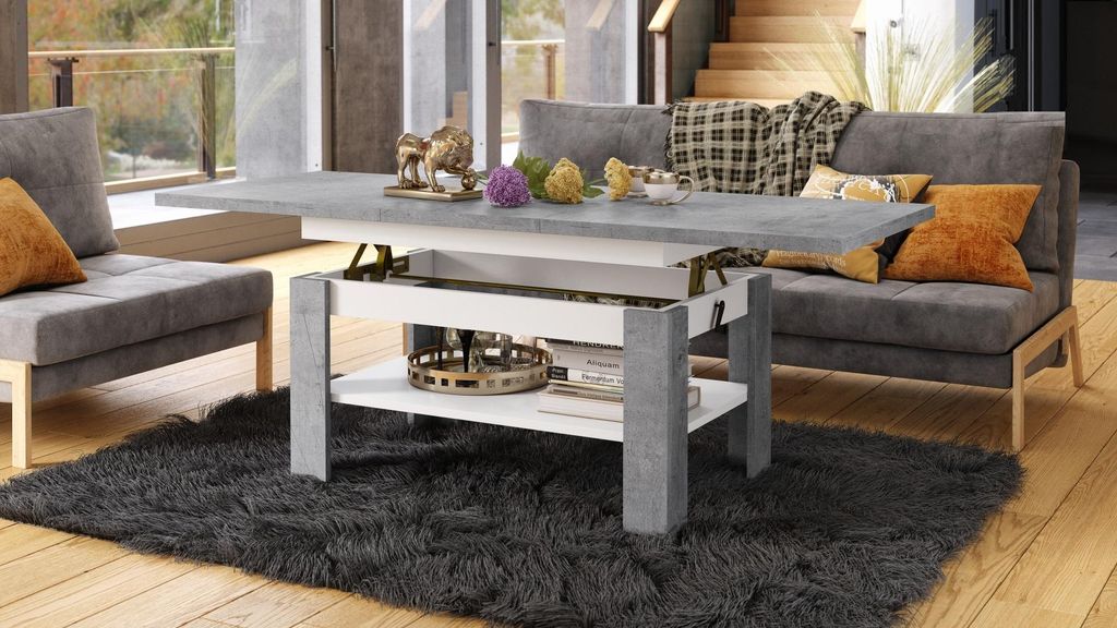 Design Couchtisch Tisch Rio stufenlos höhenverstellbar 55 - 67 cm ausziehbar 130 - 170cm mit Ablagefläche Esstisch