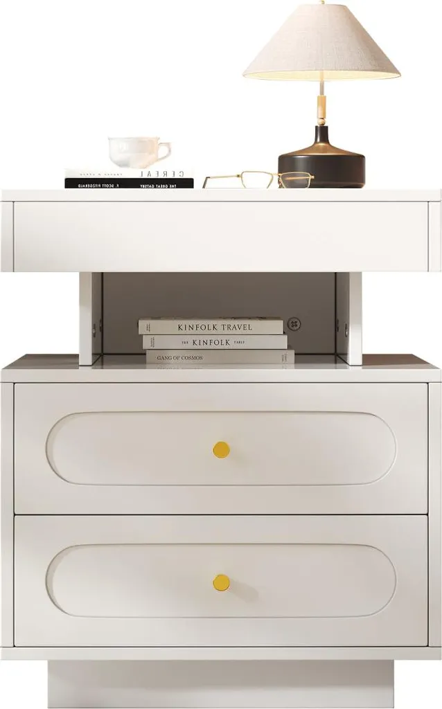 Commode de nuit blanche à LED avec compartiment ouvert et double tiroir - 14