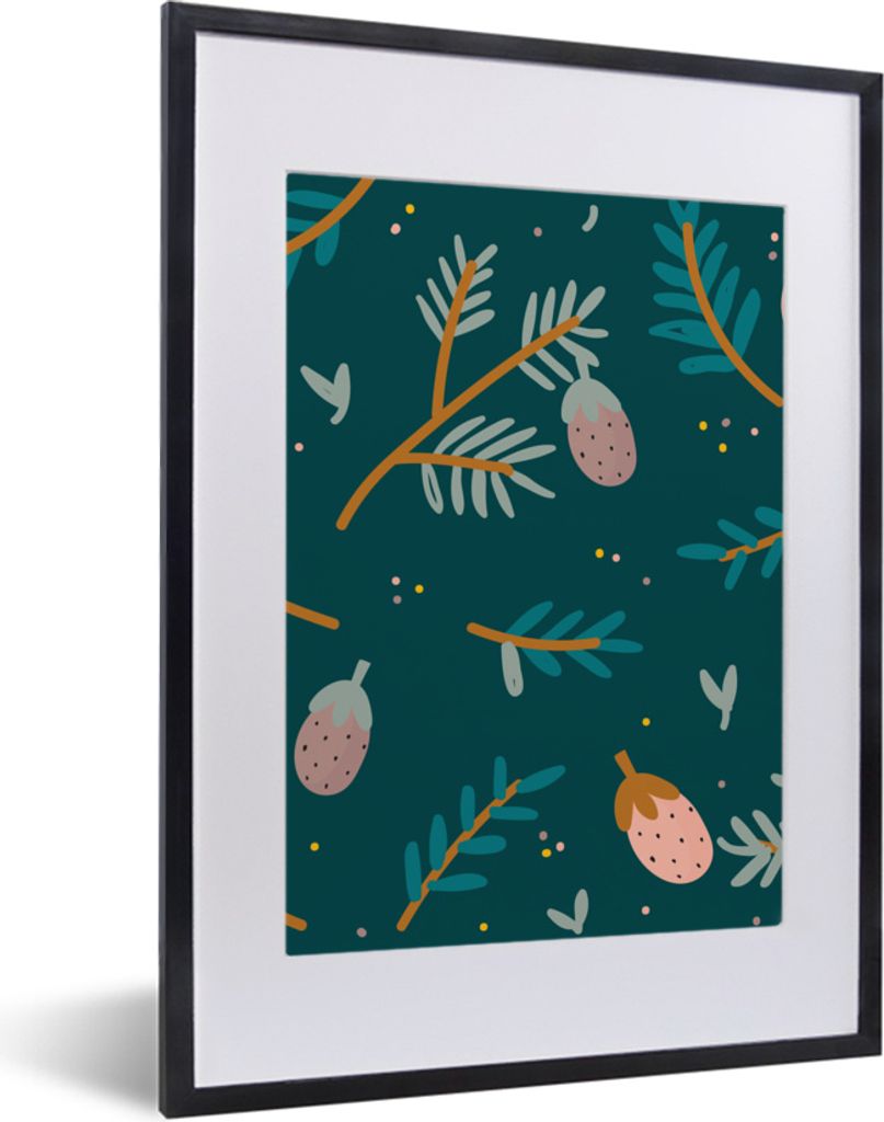 MuchoWow MuchoWow Gerahmtes Poster Muster - Grün - Erdbeere 30x40 cm - Poster mit zchwarzem Bilderrahmen - Wandposter Schlafzimmer