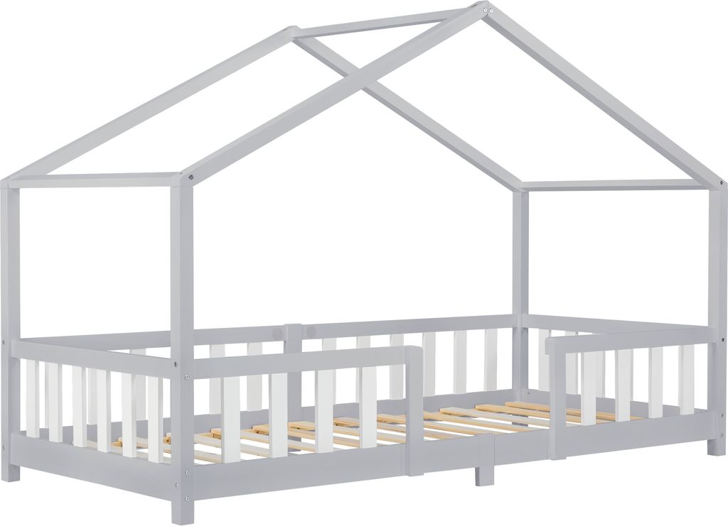 A children's house-shaped bed frame with a slatted base and side rails, shown against a white background.
