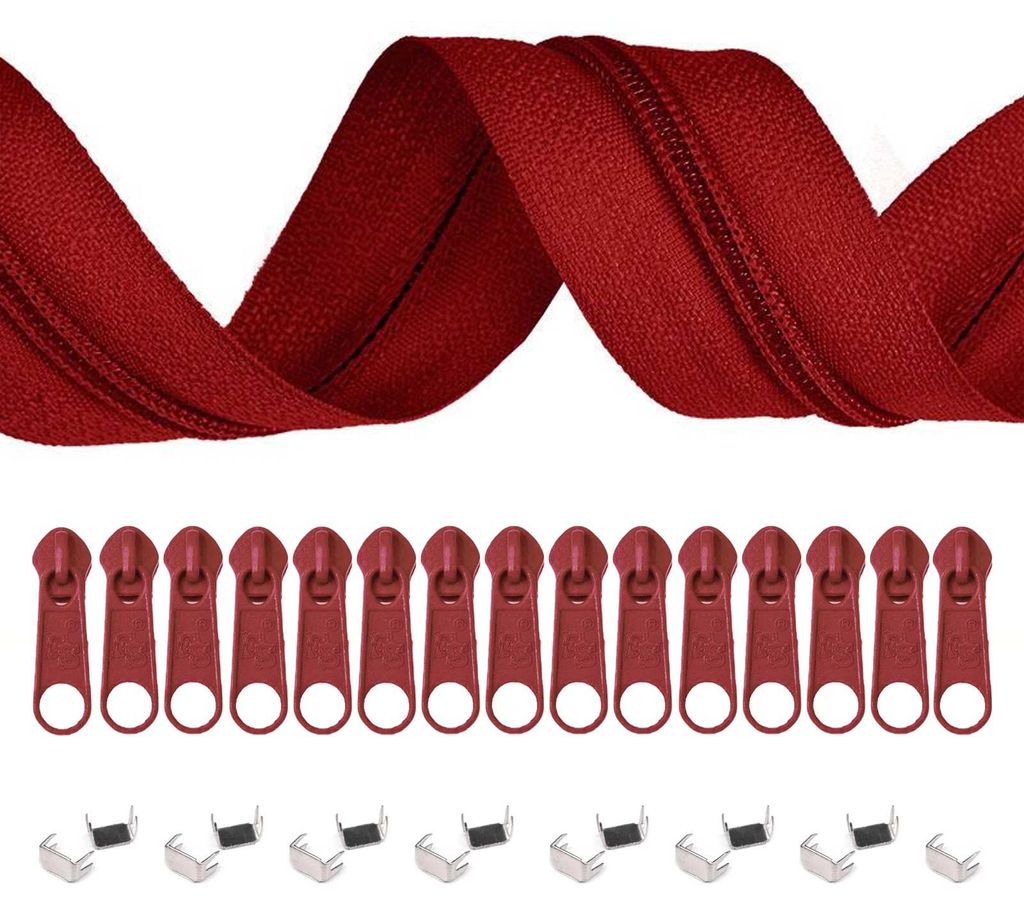 5m Endlos-Reißverschluss 3mm mit 10 Zippern und 15 Endstücke rot
