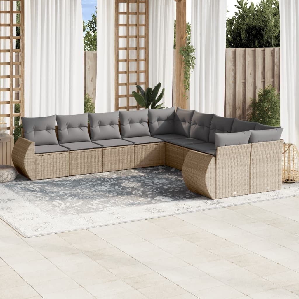 Design 10-tlg. Garten-Sofagarnitur mit Kissen Beige Poly Rattan, Gartenmöbel-Sets 2024 Neu