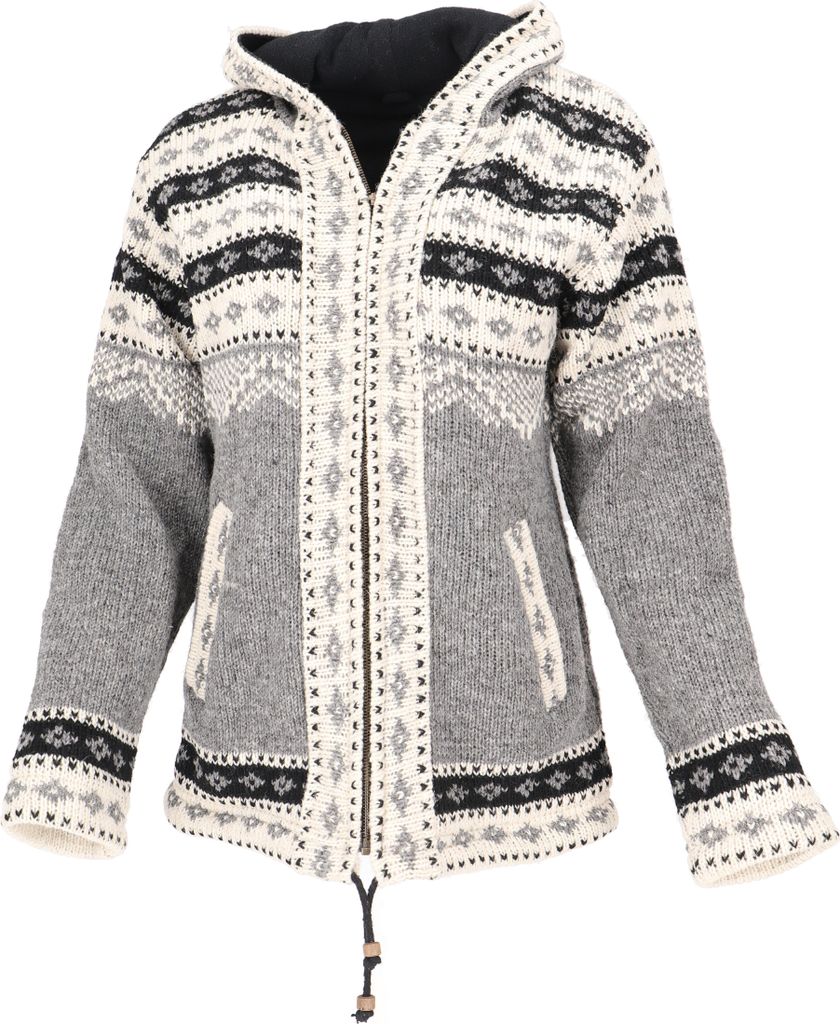 Kuschelige Gefütterte Strickjacke, Damenjacke, Wolljacke, Nepaljacke - Grau/schwarz/natur, Wolle, Größe: L
