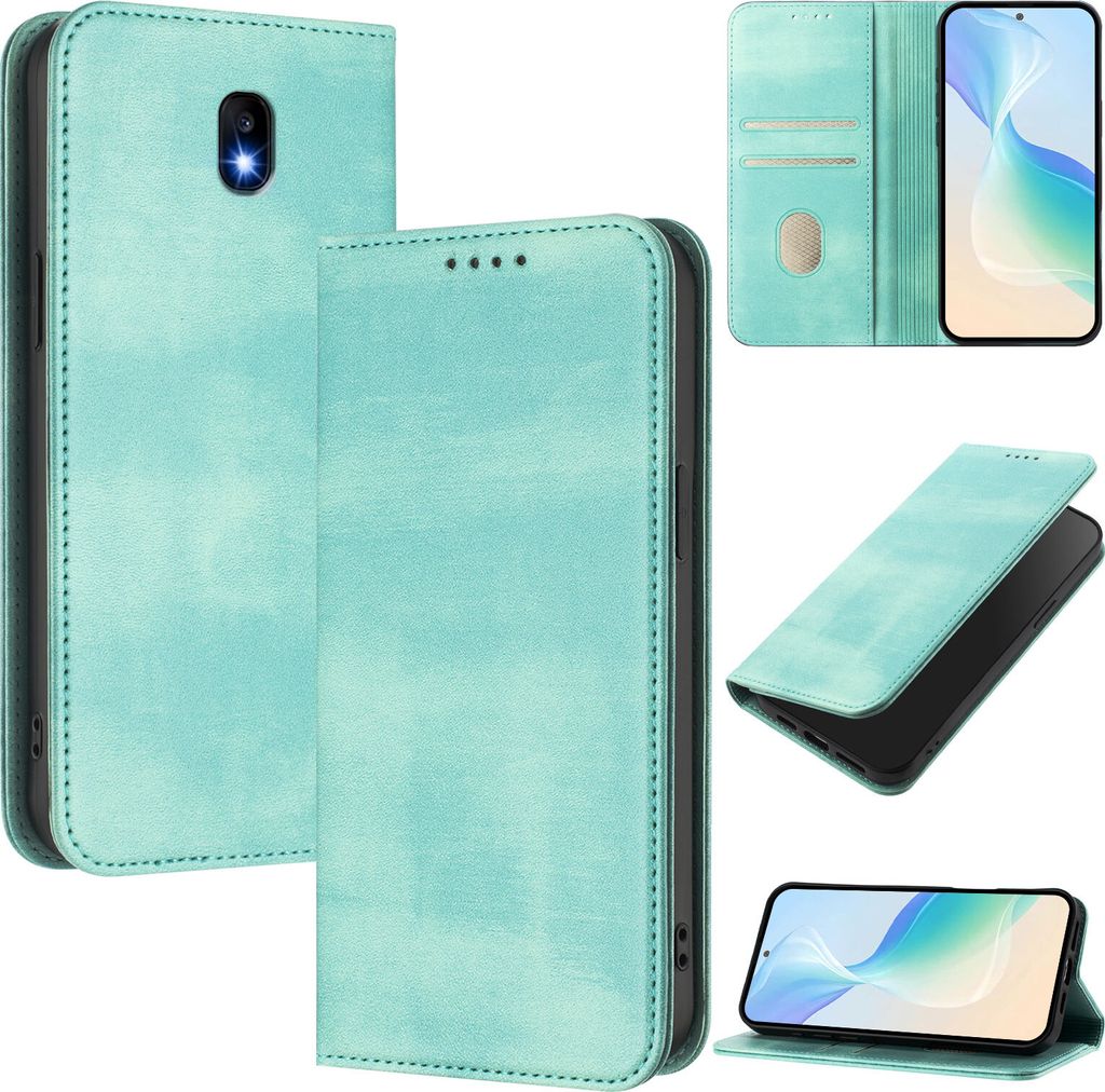 Handyhülle für Samsung Galaxy J7 2017 / J7 Pro 2017, Vintage Leder RFID Schutz Kartenfach Standfunktion Magnetische Klapphülle Türkis