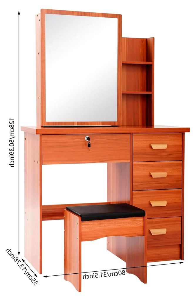 Schminktisch mit Spiegel, Kosmetiktisch mit Hocker, Frisiertisch mit 5 Schubladen, 3 offenen Fächern und 3 versteckten Fächern, 80 × 35 × 128 c...