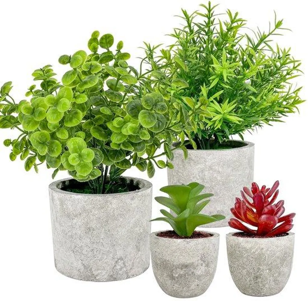Lot de 4 mini plantes artificielles eucalyptus et romarin en pot blanc