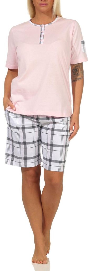 Edler Damen Schlafanzug Shorty Pyjama kurzarm mit karierter Hose aus Jersey – 112 205 445 ; rosa , 36