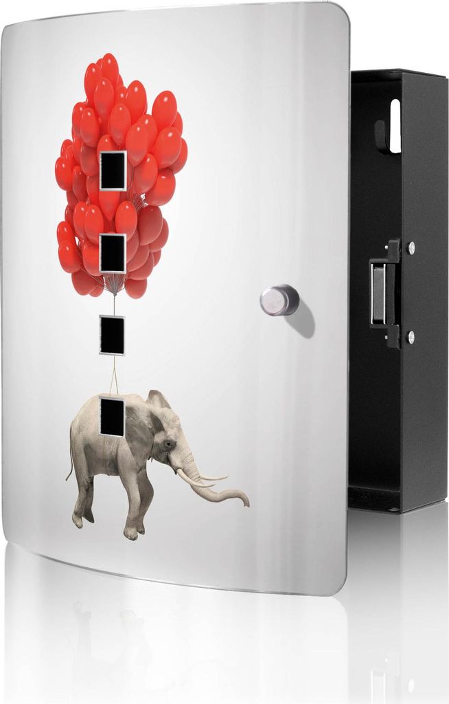 banjado Design Schlüsselkasten aus Edelstahl für 10 Schlüssel, Schlüsselschrank 24 x 21,5 x 7cm groß mit Magnetverschluss, Fliegender Elefant ...