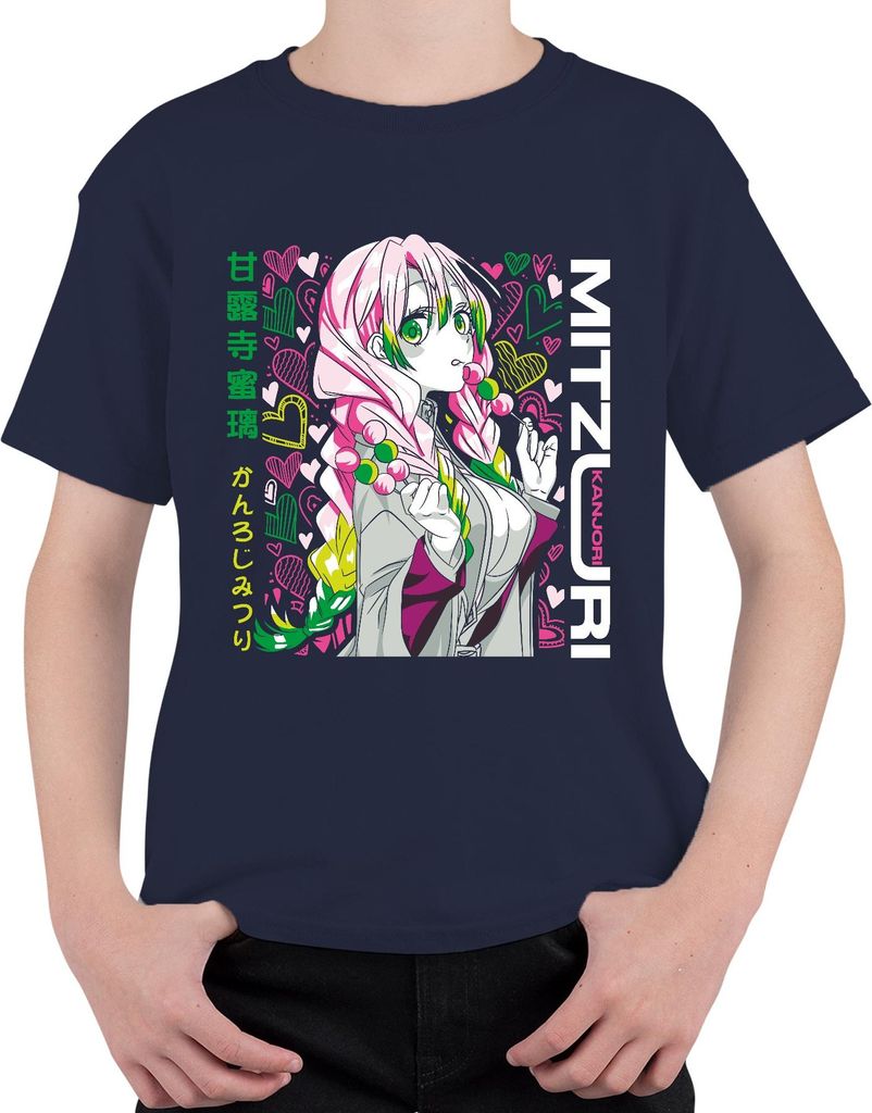 Mitsuri Kanroji Demon Slayer Anime kawaii Herz Pastell Geschenk Uni Kinder T-Shirt, Navy, 140