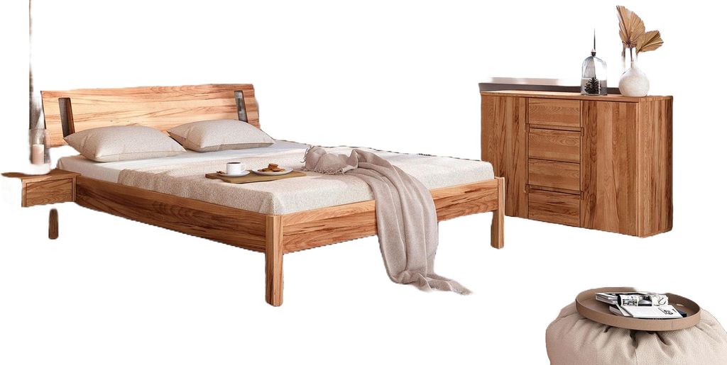 Bett Bento 8 Sonderlänge 90x190 Kernbuche massiv mit Holzkopfteil und Holzbeine