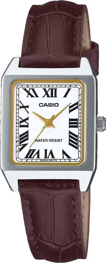 A close-up studio shot of a women's wristwatch with a white face, Roman numerals, and a brown leather strap.