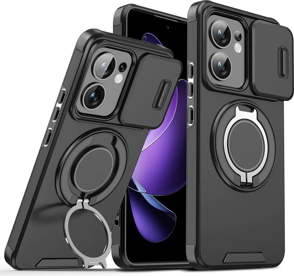 Custodia a doppio strato per Oppo Reno13 F, con copertura scorrevole per la fotocamera e supporto ad anello magnetico Nero