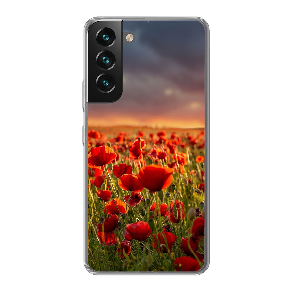 MuchoWow Handyhülle Schutzhülle Hülle für Samsung Galaxy S22 Sonnenuntergang über einem Feld von Mohnblumen Silikon Softcase Handy Hülle - ...