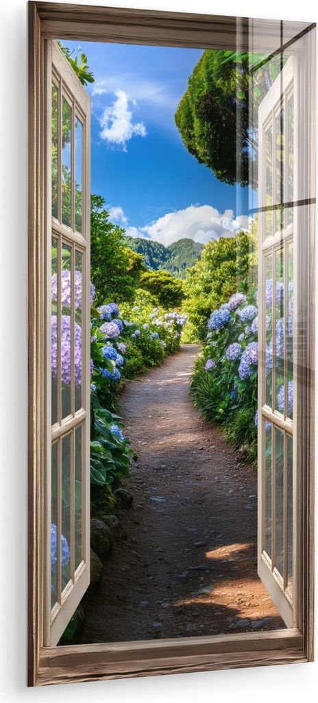MuchoWow Glasbilder - Bilder auf Wandbild - Foto auf Glas Durchblick - Hortensie - Weg - Natur 60x120 cm Wanddekoration aus Glas - Acrylglasbild - ...