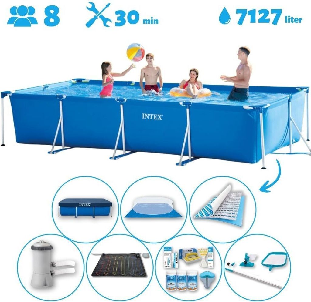Intex-Schwimmbecken mit rechteckigem Rahmen – 450 x 220 x 84 cm – Blau – im Lieferumfang enthalten Abdeckung - Bodenplane - Filterpumpe für ...