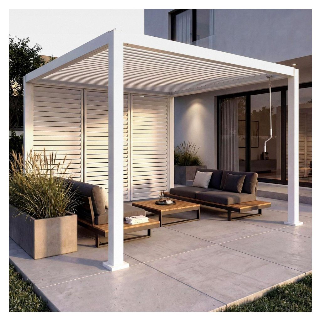 Pergola mit 3 Lamellenwänden, Terrassenüberdachung Garten Lamellen-Pavillon, 10cm-Alu-Gestell 3x3m - weiß