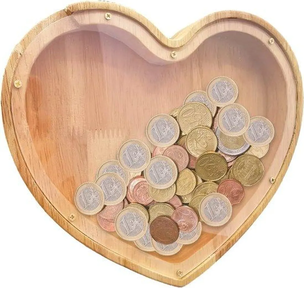 Tirelire en bois cœur enfant idéale pour apprendre à économiser l'argent
