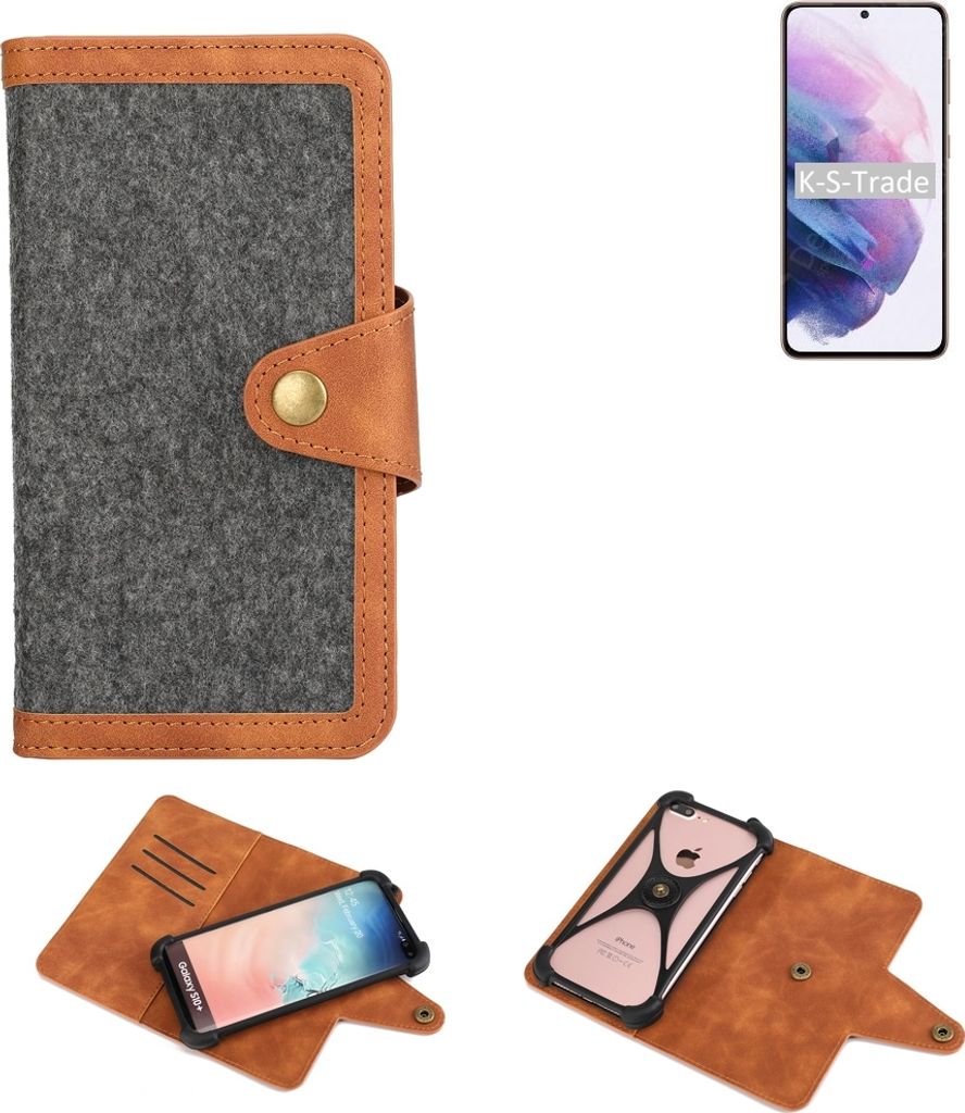K-S-Trade Schutzhülle Handyhülle kompatibel mit Samsung Galaxy S21 5G Exynos Filz Hülle Kunst-Leder dunkelgrau braun (1x)