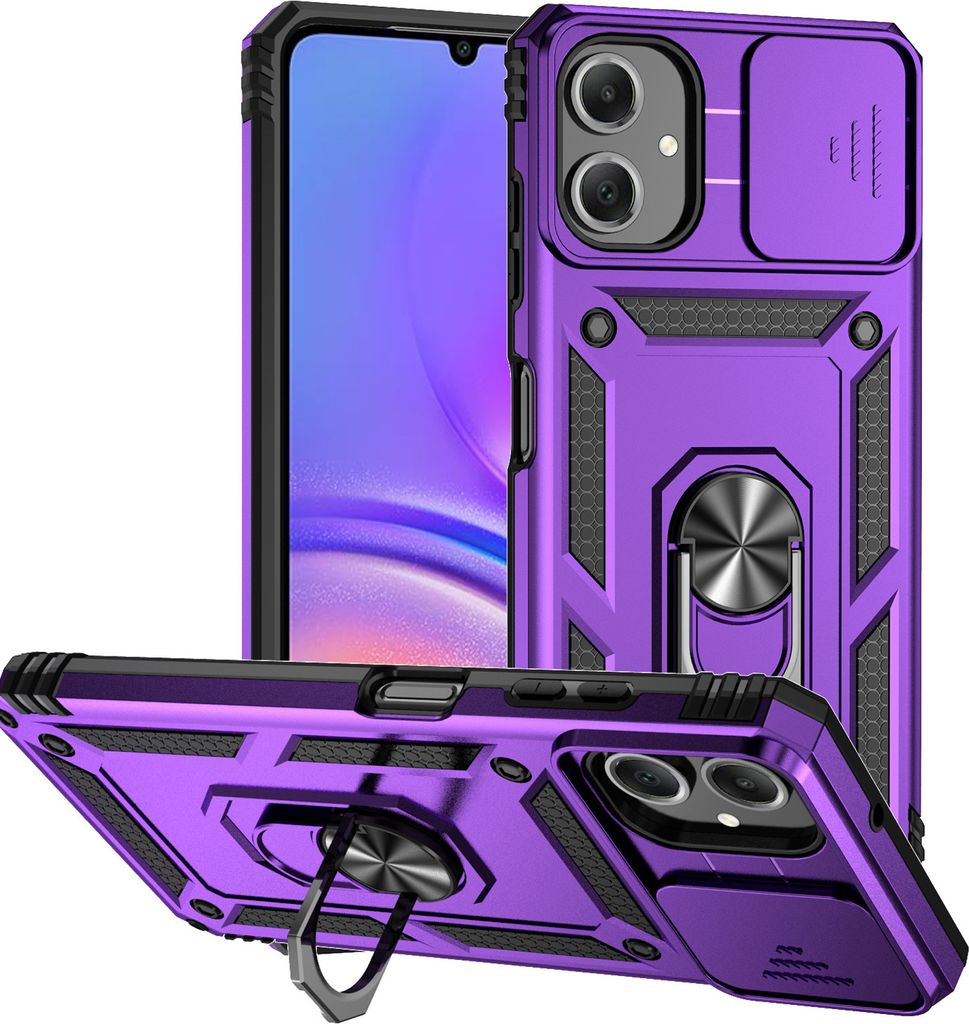 Hülle für Samsung Galaxy A06 mit Schiebe Kamera Schutz und Ringhalter Ständer Hybrid Schutzhülle Lila
