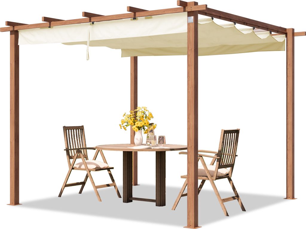 PRIMEYARD Pergola 3x3 m Terrassenüberdachung mit Schiebedach Stahlrahmen in Holzoptik
