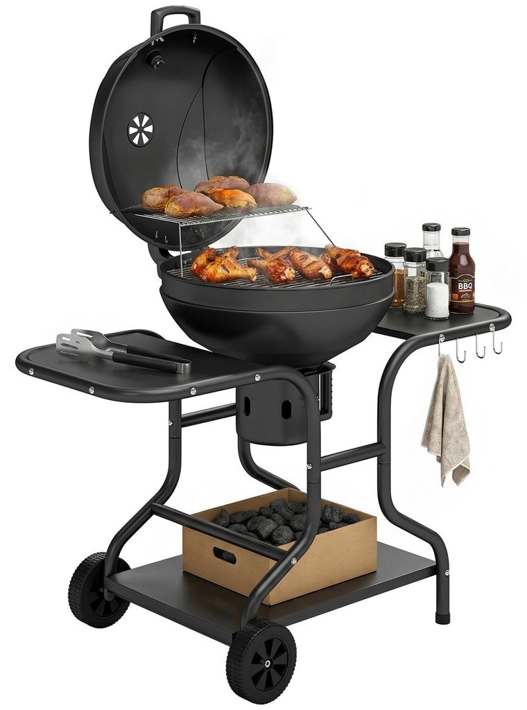 Outsunny Holzkohlegrill BBQ Smoker mit Seitentischen Deckel Produktbild 
