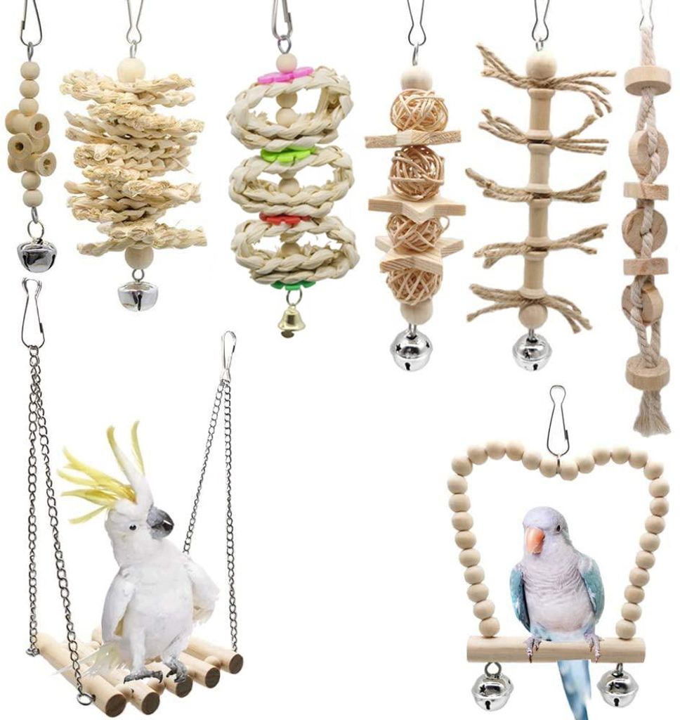 Vogelspielzeug 8er-Pack, Naturholz Mit Glöckchen, Produktbild 