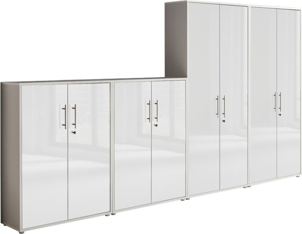 Aktenschrank TABOR 54 in lichtgrau / weiß Hochglanz, Schrankwand, Büroschrank, abschließbar, Metallgriffe