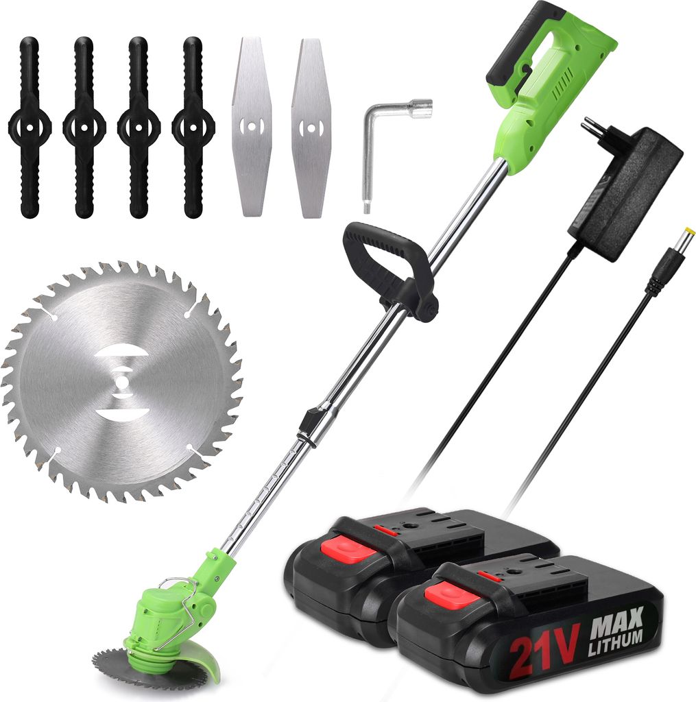 18000 U/min Elektrischer Rasenmäher, mit 2 Batterien, 2 Metallklingen, 4 Kunststoffklingen, Rundklinge, kabelloser Rasentrimmer, Teleskopstange
