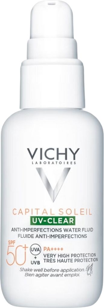 A white bottle of Vichy Capital Soleil UV Clear Anti-Imperfections Water SPF50.