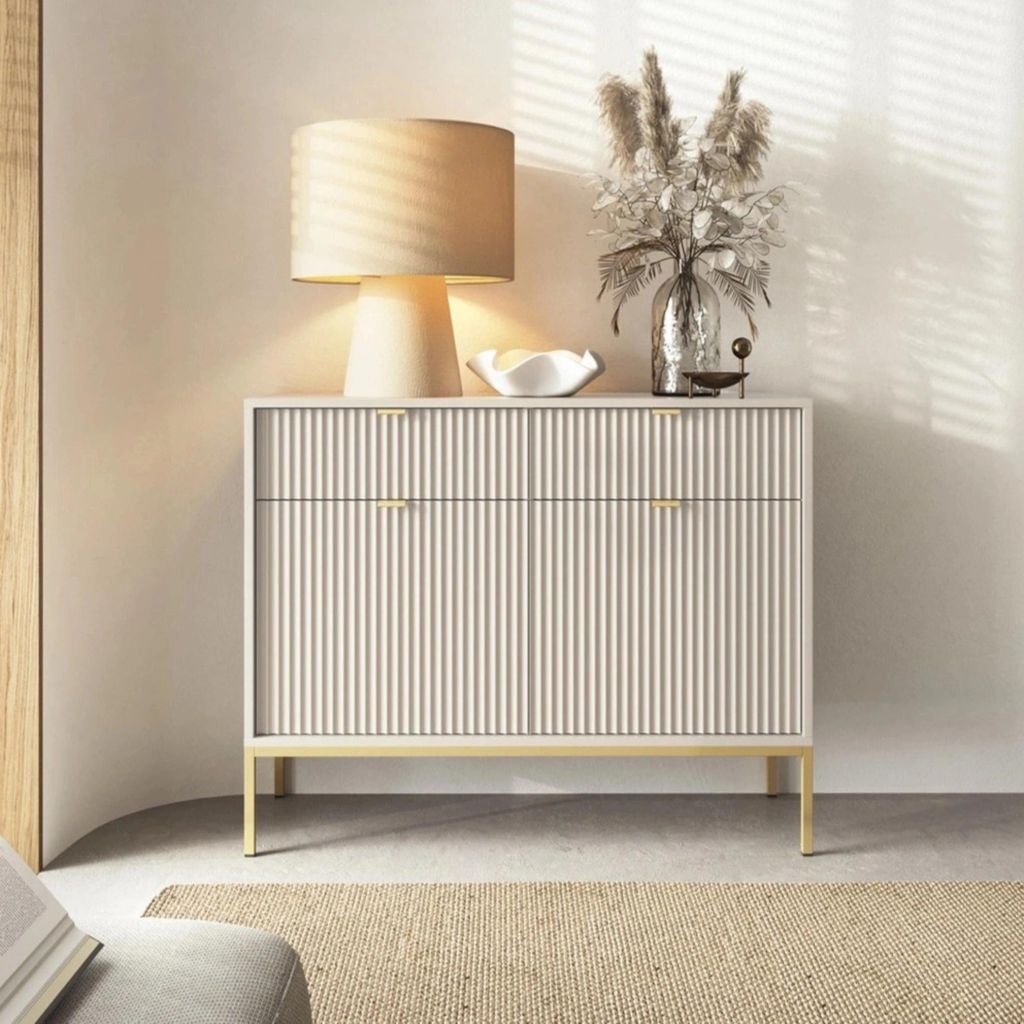Kommode Kioto, 104 cm, kasjmierbeige en goudkleurig – met Productafbeelding 