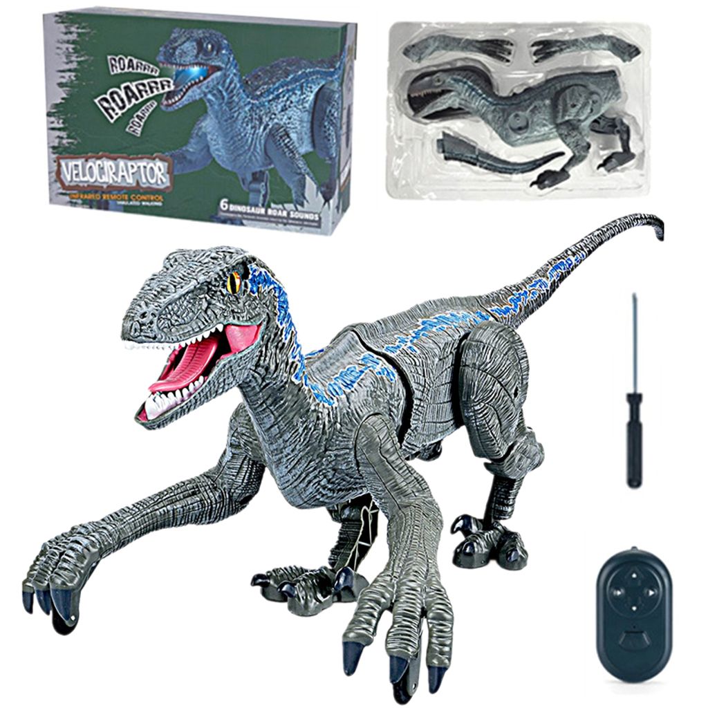 Dinosaurier Spielzeug mit Fernbedienung,Laufroboter Dinosaurier Spielzeug mit Licht und Brüllenden Geräuschen,2,4 GHz RC Velocirapto, Blau